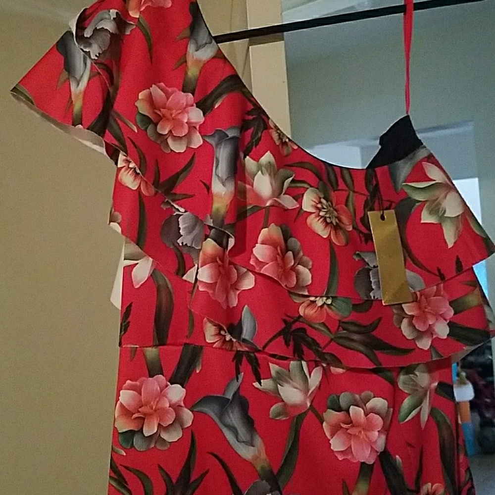 Designer One-shoulder, Red, Floral Dress